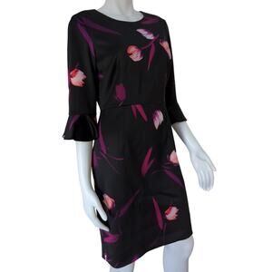 NINE WEST Black Pink Purple Ruffled Cuff 3/4 Sleeve Stretch A-line Dress Size 8